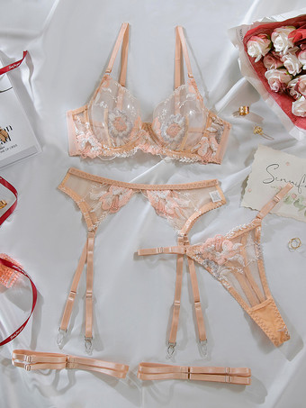 肌色フラワーランジェリー 花柄 セクシー ブラック 大人用 ブラ パンティ 4点セット