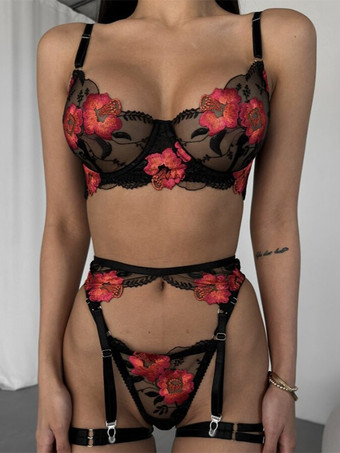 ブラック フラワーランジェリー 花柄 セクシー ブラック 大人用 ブラ パンティ 4点セット