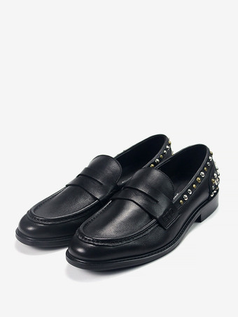 リベット ラウンドトゥ 牛革 メンズ ローファー シューズ