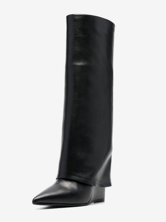 ブラック ニーハイブーツ ウェッジヒール フォールドオーバーブーツ レディース