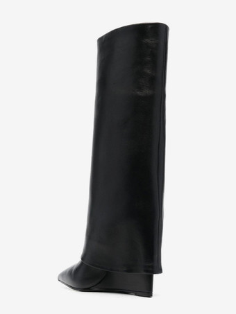 ブラック ニーハイブーツ ウェッジヒール フォールドオーバーブーツ レディース