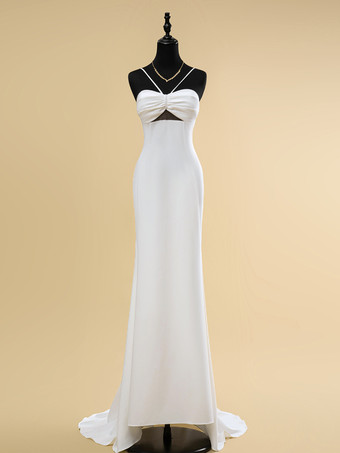 ホワイトウェディングドレス デザインネックライン ノースリーブ ナチュラルウエスト プリーツ トレーン付き ブライダル マーメイドドレス