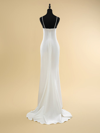 ウェディングドレス デザインネックライン ノースリーブ ナチュラルウエスト プリーツ トレーン付き ブライダル マーメイドドレス