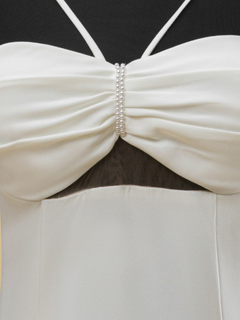 ウェディングドレス デザインネックライン ノースリーブ ナチュラルウエスト プリーツ トレーン付き ブライダル マーメイドドレス