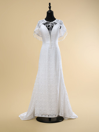 ホワイトボヘミアンウェディングドレス レースフリンジシース トレーン付き ナチュラルウエストジッパー ノースリーブ Vネック アイボリー
