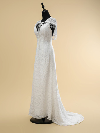 ボヘミアンウェディングドレス レースフリンジシース トレーン付き ナチュラルウエストジッパー ノースリーブ Vネック アイボリー