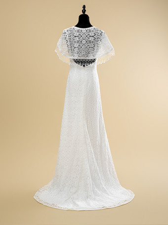 ボヘミアンウェディングドレス レースフリンジシース トレーン付き ナチュラルウエストジッパー ノースリーブ Vネック アイボリー