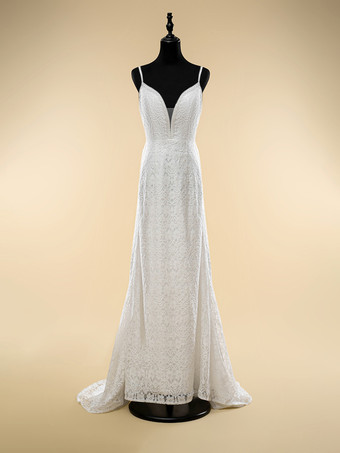 ボヘミアンウェディングドレス レースフリンジシース トレーン付き ナチュラルウエストジッパー ノースリーブ Vネック アイボリー