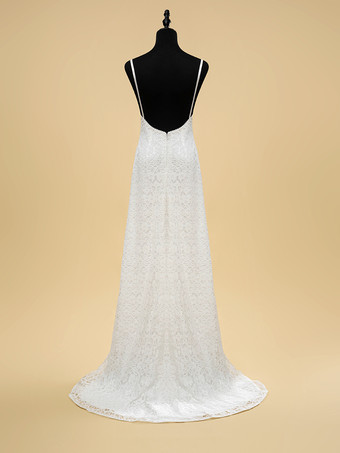 ボヘミアンウェディングドレス レースフリンジシース トレーン付き ナチュラルウエストジッパー ノースリーブ Vネック アイボリー