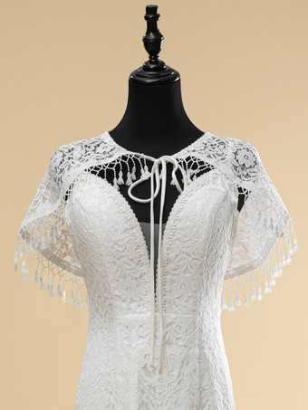 ボヘミアンウェディングドレス レースフリンジシース トレーン付き ナチュラルウエストジッパー ノースリーブ Vネック アイボリー