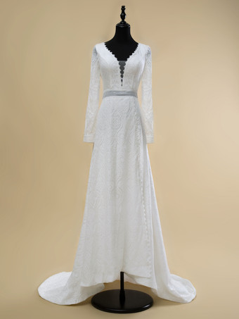 ホワイトボヘミアンウェディングドレス レース カットアウト ボールガウン トレーン付き ナチュラルウエスト バックレス ロングスリーブ Vネック アイボリー