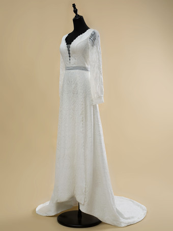 ボヘミアンウェディングドレス レース カットアウト ボールガウン トレーン付き ナチュラルウエスト バックレス ロングスリーブ Vネック アイボリー