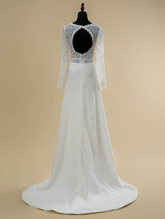 ボヘミアンウェディングドレス レース カットアウト ボールガウン トレーン付き ナチュラルウエスト バックレス ロングスリーブ Vネック アイボリー