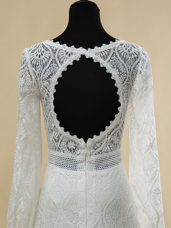 ボヘミアンウェディングドレス レース カットアウト ボールガウン トレーン付き ナチュラルウエスト バックレス ロングスリーブ Vネック アイボリー