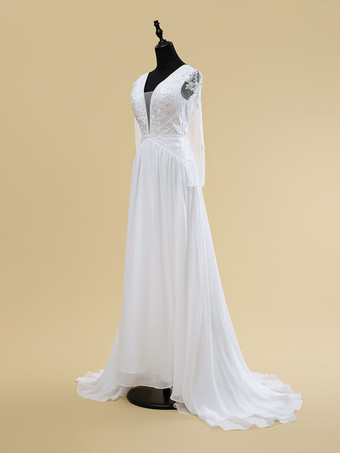 ホワイトシンプルなボヘミアンウェディングドレス レース Vネック 長袖 バックジッパー ショートトレイン