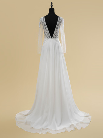 シンプルなボヘミアンウェディングドレス レース Vネック 長袖 バックジッパー ショートトレイン