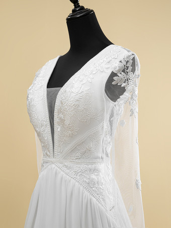 シンプルなボヘミアンウェディングドレス レース Vネック 長袖 バックジッパー ショートトレイン