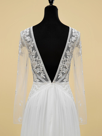 シンプルなボヘミアンウェディングドレス レース Vネック 長袖 バックジッパー ショートトレイン