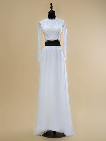 ホワイトツーピースウェディングドレス シフォン カットアウト ジュエルネック ツーピース トレーン付きウェディングドレス 機能的なボタン 長袖 ロング 20cm アイボリー