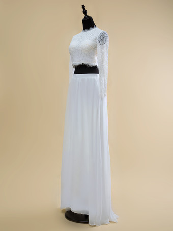 ツーピースウェディングドレス シフォン カットアウト ジュエルネック ツーピース トレーン付きウェディングドレス 機能的なボタン 長袖 ロング 20cm アイボリー