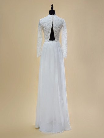 ツーピースウェディングドレス シフォン カットアウト ジュエルネック ツーピース トレーン付きウェディングドレス 機能的なボタン 長袖 ロング 20cm アイボリー