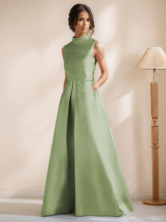 セージグリーンブライダルマザードレス ジュエルネック ノースリーブ Aライン サッシュ フロアレングス ゲストドレス 結婚式用