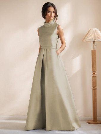 シャンパンブライダルマザードレス ジュエルネック ノースリーブ Aライン サッシュ フロアレングス ゲストドレス 結婚式用