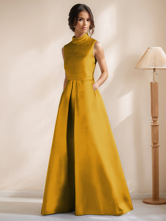 ゴールド ブライダルマザードレス ジュエルネック ノースリーブ Aライン サッシュ フロアレングス ゲストドレス 結婚式用