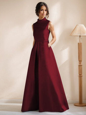 バーガンディーブライダルマザードレス ジュエルネック ノースリーブ Aライン サッシュ フロアレングス ゲストドレス 結婚式用