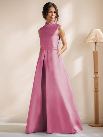 カメオピンクブライダルマザードレス ジュエルネック ノースリーブ Aライン サッシュ フロアレングス ゲストドレス 結婚式用