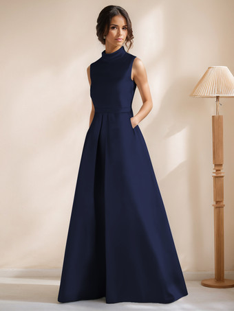 ダークネイビーブライダルマザードレス ジュエルネック ノースリーブ Aライン サッシュ フロアレングス ゲストドレス 結婚式用