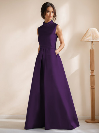 パープル ブライダルマザードレス ジュエルネック ノースリーブ Aライン サッシュ フロアレングス ゲストドレス 結婚式用