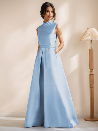 ベビーブルーブライダルマザードレス ジュエルネック ノースリーブ Aライン サッシュ フロアレングス ゲストドレス 結婚式用