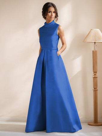 スカイブルー ブライダルマザードレス ジュエルネック ノースリーブ Aライン サッシュ フロアレングス ゲストドレス 結婚式用