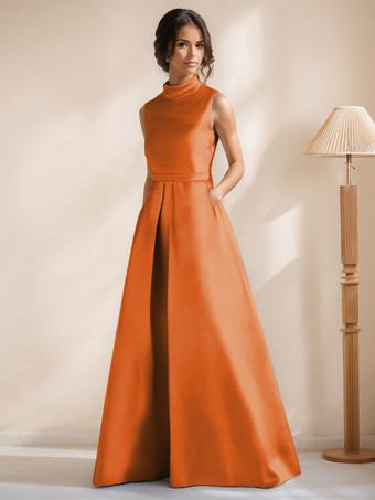 オレンジブライダルマザードレス ジュエルネック ノースリーブ Aライン サッシュ フロアレングス ゲストドレス 結婚式用