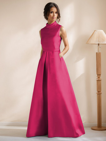 ローズレッドブライダルマザードレス ジュエルネック ノースリーブ Aライン サッシュ フロアレングス ゲストドレス 結婚式用