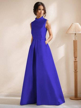 ロイヤルブルーブライダルマザードレス ジュエルネック ノースリーブ Aライン サッシュ フロアレングス ゲストドレス 結婚式用