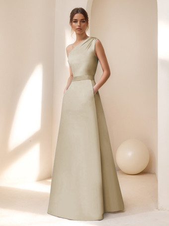 シャンパンブライダルマザードレス デザインネックライン ノースリーブ Aライン サッシュ フロアレングス ゲストドレス 結婚式用