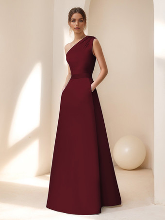 バーガンディーブライダルマザードレス デザインネックライン ノースリーブ Aライン サッシュ フロアレングス ゲストドレス 結婚式用