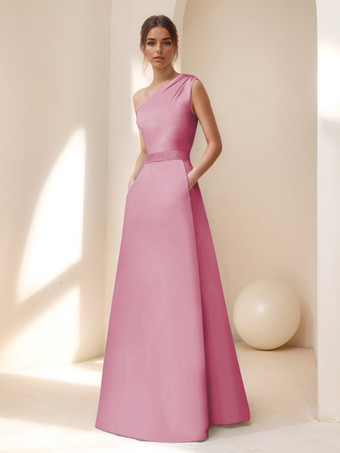 カメオピンクブライダルマザードレス デザインネックライン ノースリーブ Aライン サッシュ フロアレングス ゲストドレス 結婚式用