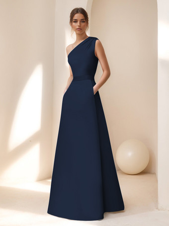 ダークネイビーブライダルマザードレス デザインネックライン ノースリーブ Aライン サッシュ フロアレングス ゲストドレス 結婚式用