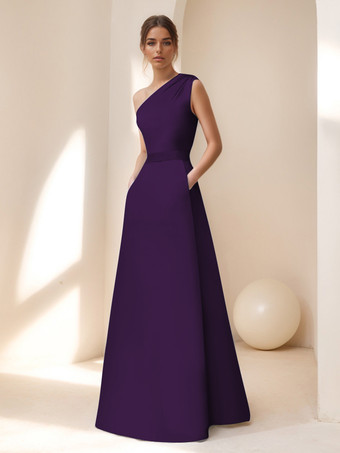 パープル ブライダルマザードレス デザインネックライン ノースリーブ Aライン サッシュ フロアレングス ゲストドレス 結婚式用