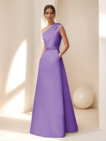 バイオレットブライダルマザードレス デザインネックライン ノースリーブ Aライン サッシュ フロアレングス ゲストドレス 結婚式用
