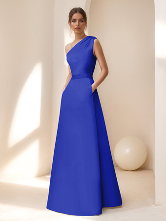 ロイヤルブルーブライダルマザードレス デザインネックライン ノースリーブ Aライン サッシュ フロアレングス ゲストドレス 結婚式用