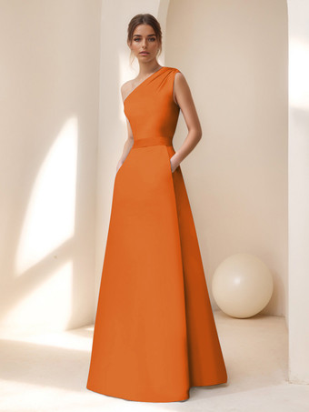 オレンジブライダルマザードレス デザインネックライン ノースリーブ Aライン サッシュ フロアレングス ゲストドレス 結婚式用