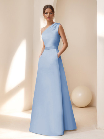 ベビーブルーブライダルマザードレス デザインネックライン ノースリーブ Aライン サッシュ フロアレングス ゲストドレス 結婚式用