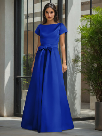 ロイヤルブルー花嫁の母親のためのパーティードレス ジュエルネック 半袖 Aライン サッシュ ウェディングゲストドレス