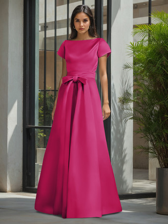 ローズレッド花嫁の母親のためのパーティードレス ジュエルネック 半袖 Aライン サッシュ ウェディングゲストドレス