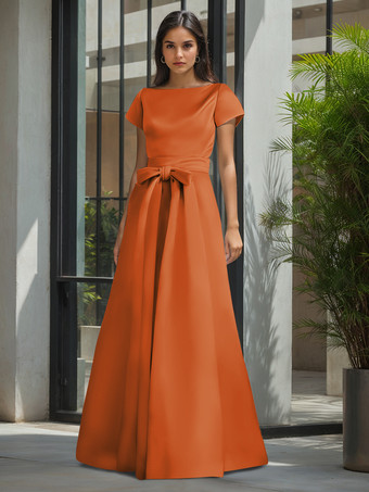 オレンジ花嫁の母親のためのパーティードレス ジュエルネック 半袖 Aライン サッシュ ウェディングゲストドレス