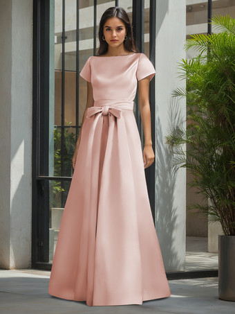 ソフトピンク花嫁の母親のためのパーティードレス ジュエルネック 半袖 Aライン サッシュ ウェディングゲストドレス